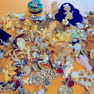BULK LOT ANGEL jewelry VINTAGE to modern brooches pins, earrings etc 50+ pieces